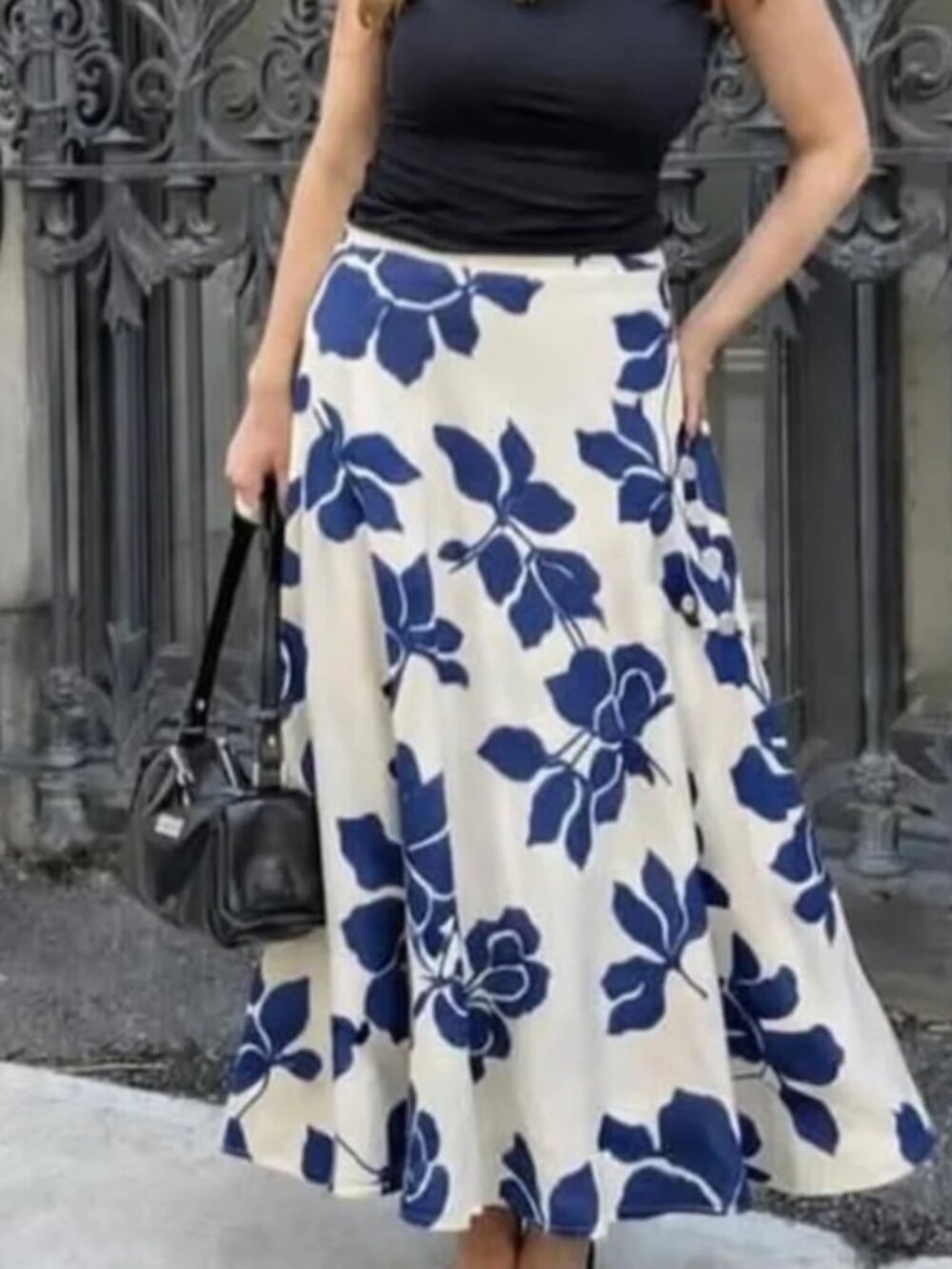Zara Cream Midi Skirt with Blue Floral Print